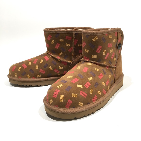 UGG JONA CONFETTI LOGO MINI BOOTS -CHESTNUT SUEDE -UGGPURE LINED -BIG KIDS US 3 - Picture 4 of 9